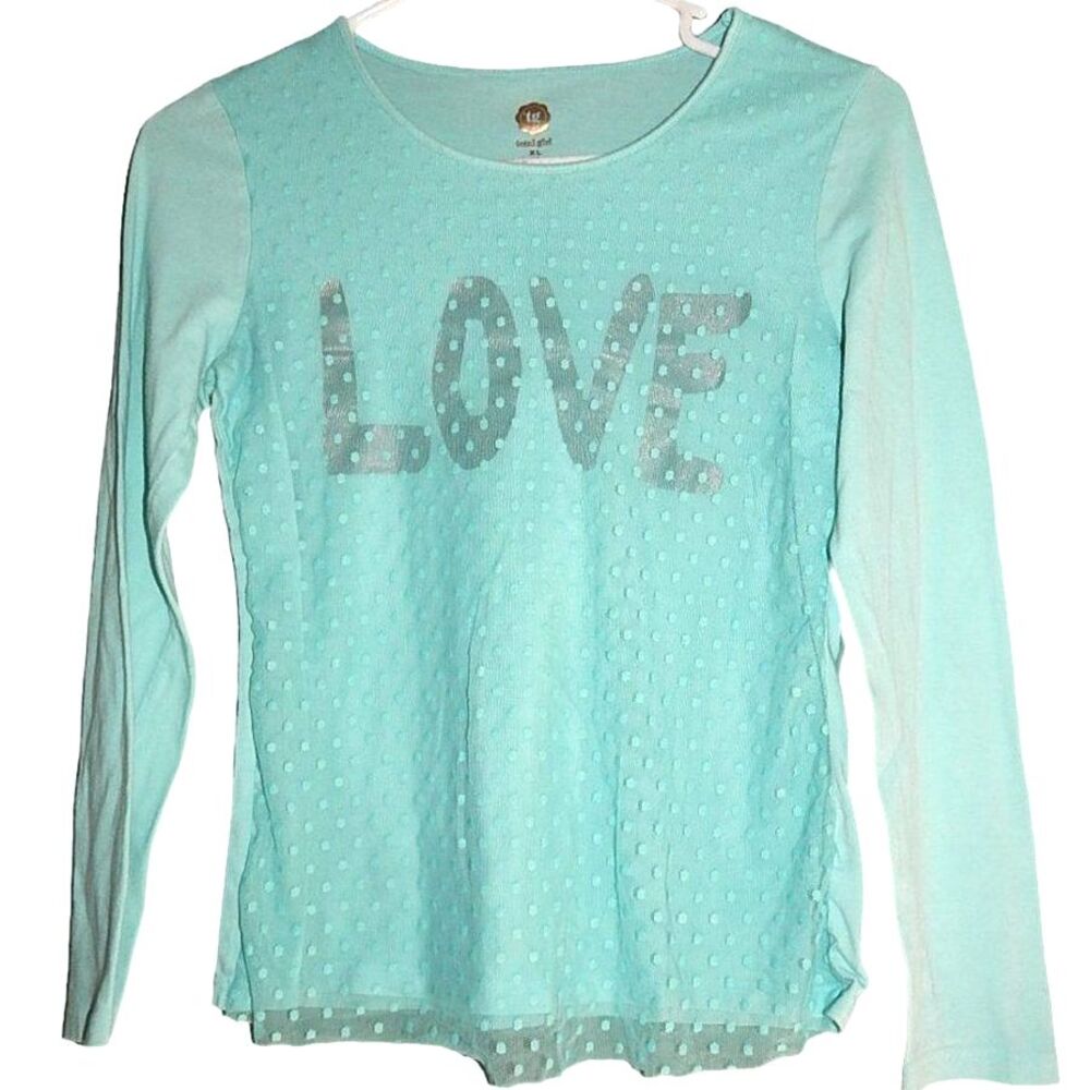 Total Girl Girls Size 16 Teal LOVE Long Sleeve Dot Lace Overlay Top